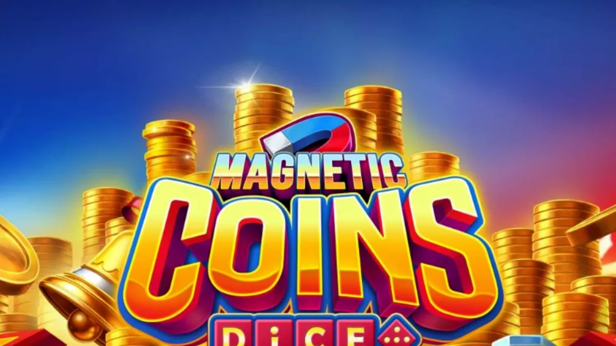 Magnetic Coins Dice slot game interface na may mga kumikinang na barya at magnetic symbols