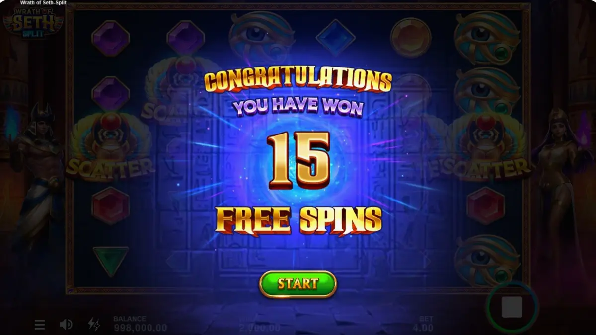 Wrath of Seth – Split slot gameplay screen