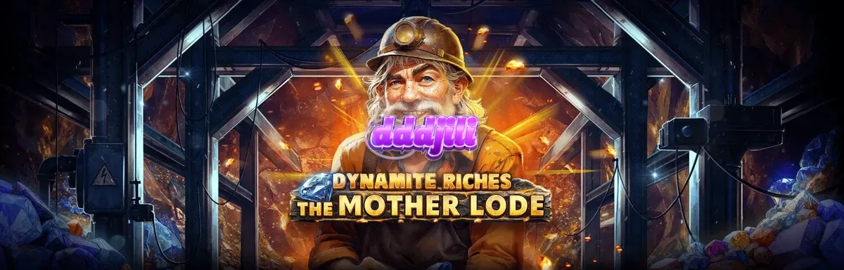 Isang visual na representasyon ng Dynamite Riches The Mother Lode slot machine na may temang minahan.